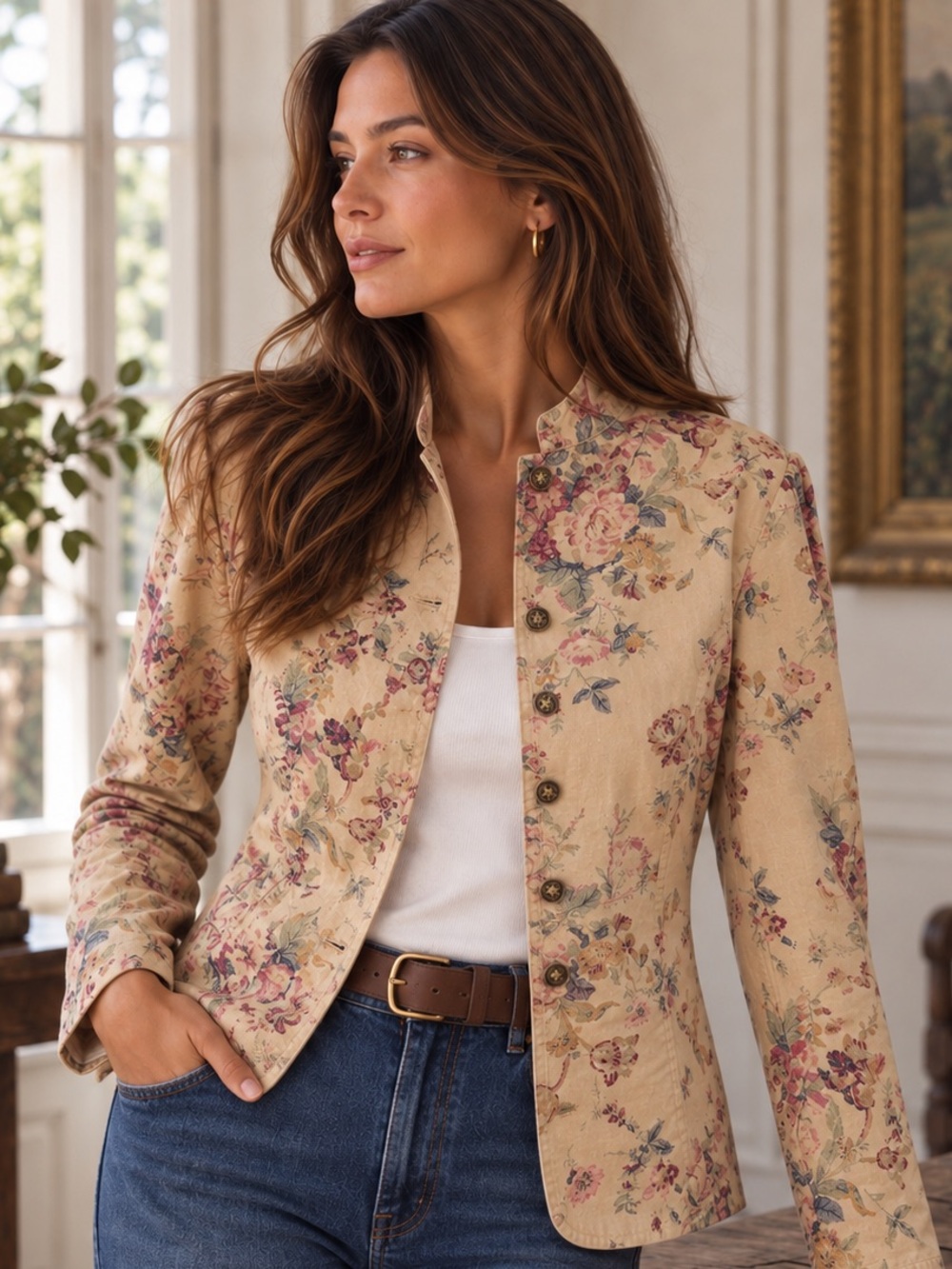 Vintage 90s Chaps Ralph Lauren Floral Denim Jacket M Cottagecore Western Boho